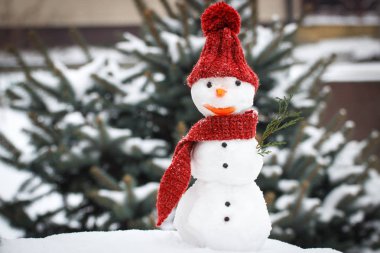 Kardan adam yün atkı ve iğne yapraklı ağaç arka plan üzerinde kap kar kaplı