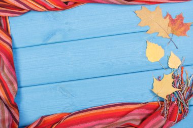 Kadın ve yaprakları panoları için sonbahar ya da kış giyim, yün, ipek şal çerçevesinde