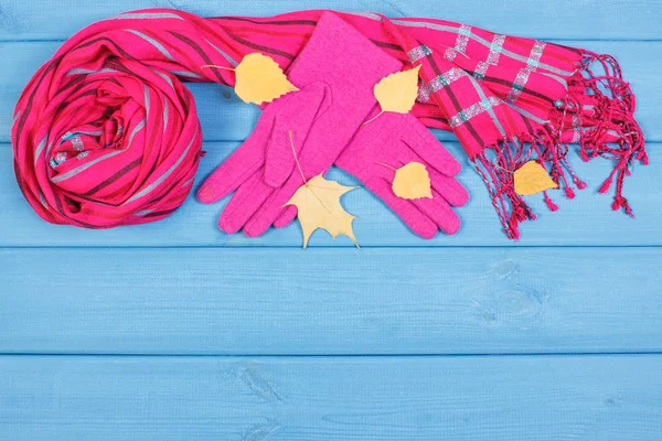 Μάλλινα γάντια και σάλι για γυναίκα στα διοικητικά συμβούλια, ρούχα για το φθινόπωρο ή το χειμώνα, αντιγράψτε χώρο για το κείμενο — Φωτογραφία Αρχείου