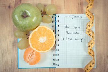 Vintage Fotoğraf, New years kararlar yazılı defter ve şerit metre