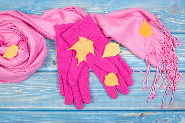 Γάντια και σάλι για γυναίκα, ρούχα για το φθινόπωρο ή το χειμώνα — Φωτογραφία Αρχείου