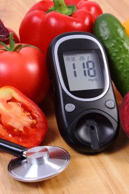 Sebze, Şeker Ölçüm ve ahşap yüzey, sağlıklı bir yaşam tarzı, beslenme, diyabet stetoskop