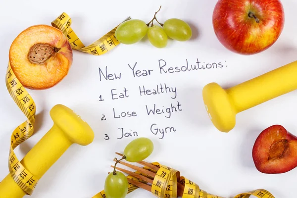 New year resolutions, fruits, dumbbells and centimeter, healthy food and lifestyle — Stock Photo, Image