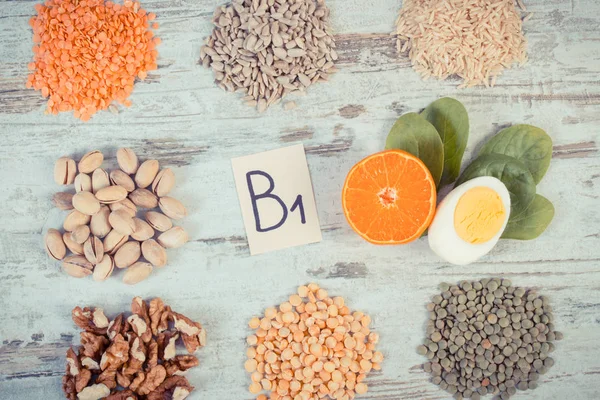 Vintage photo, Products and ingredients containing vitamin B1 and dietary fiber, healthy nutrition — Stock Photo, Image