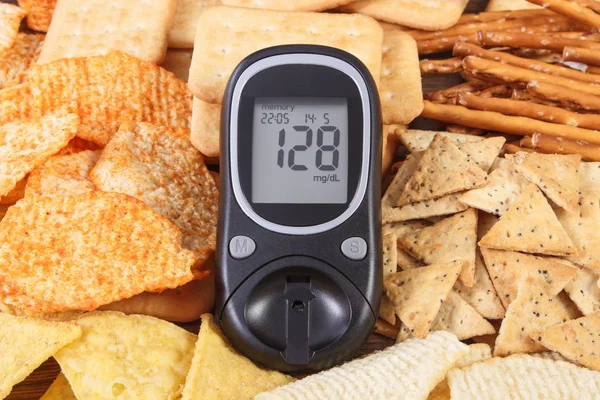 Glucometer and heap of unhealthy food, concept of diabetes — Stock Photo, Image