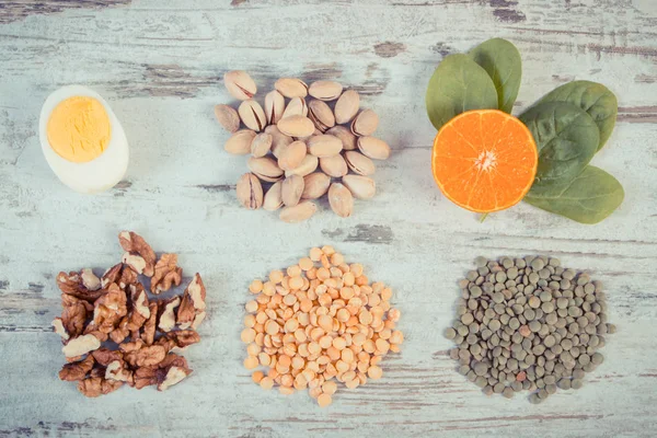 Vintage Fotoğraf, ürün ve malzemeler içeren vitamin B1 ve diyet lifi, sağlıklı beslenme