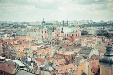 Poznan, Polonya - 28 Haziran 2016: Vintage Fotoğraf, binalar ve collegiate Kilisesi Lehçe kasaba Poznan