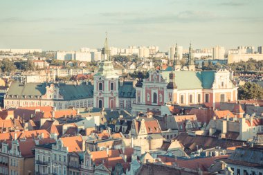 Poznan, Polonya - 30 Ağustos 2016: Vintage Fotoğraf, binalar ve collegiate Kilisesi Lehçe kasaba Poznan