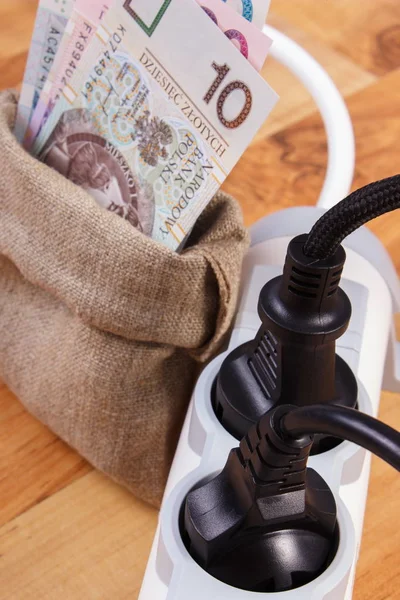 Elektriska förlängning med anslutna plug och polsk valuta pengar, energikostnader — Stockfoto