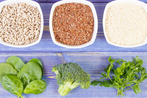 Products and ingredients containing calcium and dietary fiber, healthy nutrition Stock Image