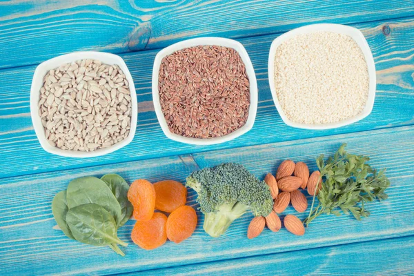 Vintage photo, Products and ingredients containing calcium and dietary fiber, healthy nutrition Stock Image