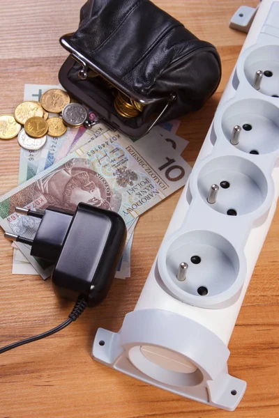 Electrical power strip with disconnected plug and polish currency money, energy costs — Stock Photo, Image