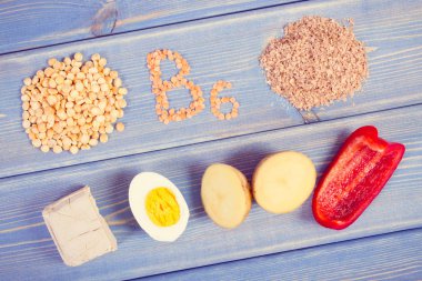 Vintage Fotoğraf, ürün ve malzemeler içeren vitamin B6 ve diyet lifi, sağlıklı beslenme