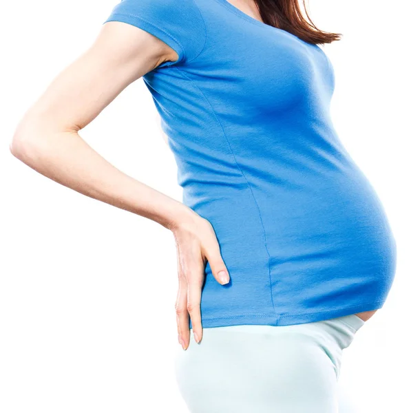 Zwangere vrouw met handen op haar rug, zwangerschap gezondheidszorg en rug pijn — Stockfoto