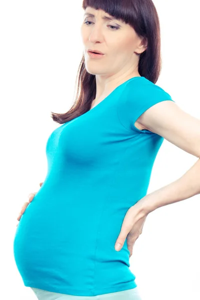 Mujer embarazada con dolor de estómago o de espalda, cuidado de la salud y dolores en el embarazo, riesgo de aborto espontáneo —  Fotos de Stock
