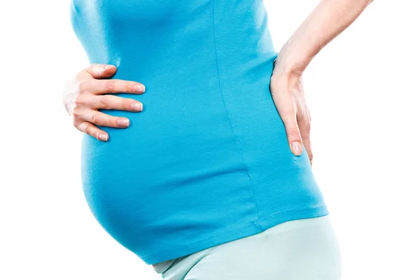 Mulher grávida com dor de estômago ou nas costas, cuidados de saúde e dores durante a gravidez, risco de aborto espontâneo — Fotografia de Stock