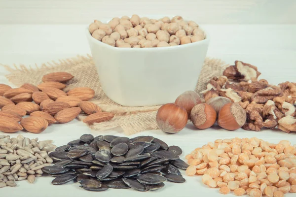 Vintage foto's, producten en ingrediënten met zink en dietary fiber, gezonde voeding — Stockfoto