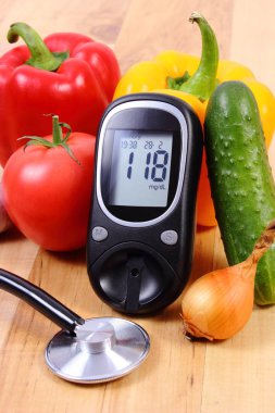 Sebze, Şeker Ölçüm ve ahşap yüzey, sağlıklı bir yaşam tarzı, beslenme, diyabet stetoskop