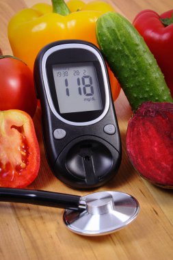 Sebze, Şeker Ölçüm ve ahşap yüzey, sağlıklı bir yaşam tarzı, beslenme, diyabet stetoskop