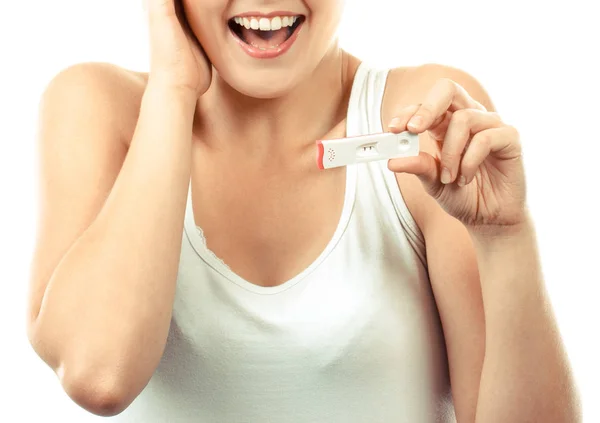 Vintage photo, Woman showing pregnancy test with positive result, expecting for baby concept — Stock Photo, Image