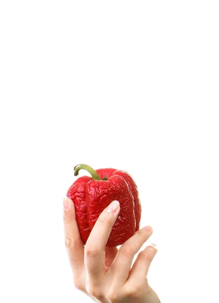 Hand of woman with old wrinkled peppers, copy space for text on white background — Stock Photo, Image