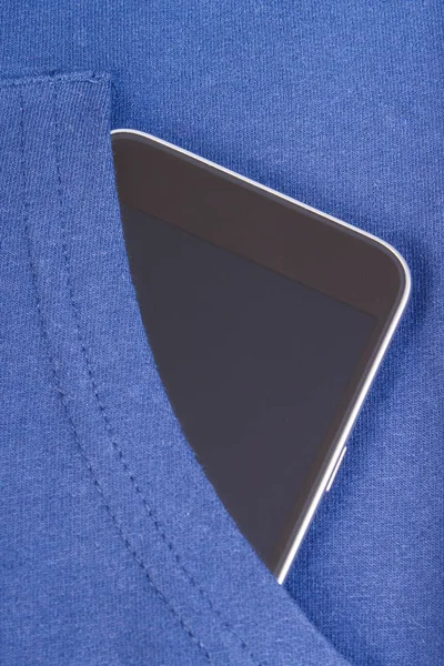 Mobile phone with blank screen in pocket sweatshirt, smartphone — Stock Photo, Image