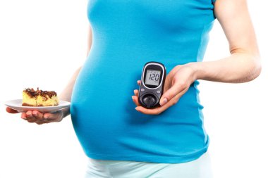 Şeker Ölçüm ve parçası cheesecake, şeker hastalığı ve şeker düzeyi hamilelik sırasında hamile kadın