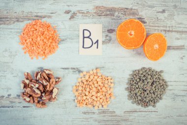Vintage Fotoğraf, vitamin B1 ve diyet lifi, sağlıklı beslenme kavramı içeren maddeler