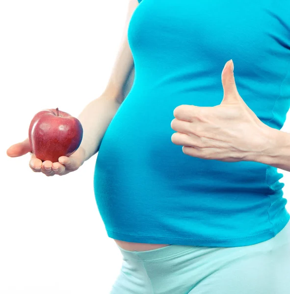Vintage foto, zwangere vrouw bedrijf apple en weergegeven: duimschroef opwaarts, gezonde voeding tijdens de zwangerschap — Stockfoto