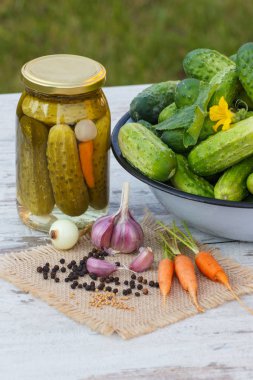 Kase, sebze ve baharat dekapaj için taze salatalık ve turşu kavanozu salatalık