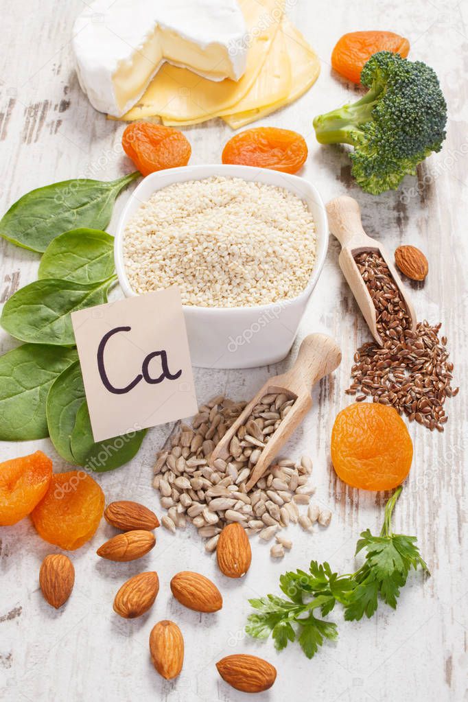Products or ingredients containing calcium and dietary fiber, concept of healthy nutrition