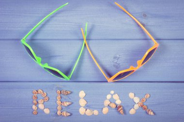 Vintage Fotoğraf, Word relax deniz kabuklarını, güneş gözlüğü kurullarında, yaz saati kavramını yapılmış