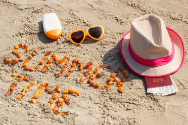Yazıt yaz saati, güneşlenme ve para birimlerinin dolar Beach, yaz zaman kavramı ile pasaport için aksesuarlar