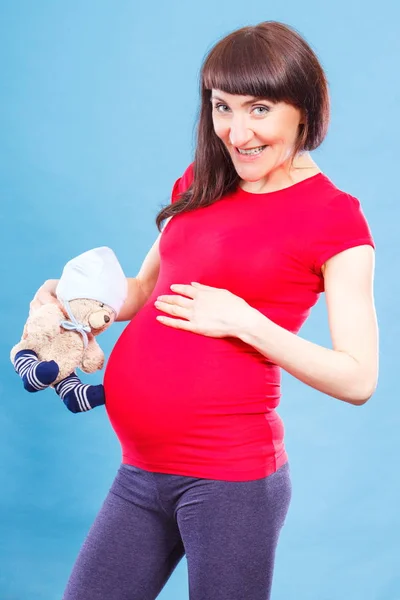 Felice donna incinta in possesso di peluche orsacchiotto al ventre, concetto di attesa per il neonato — Foto Stock