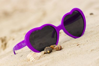 Kum Beach, tatil kavramı üzerinde kabukları ile kalp şeklinde mor güneş gözlüğü