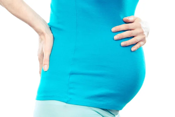 Έγκυος γυναίκα με στομάχι ή πίσω τον πόνο, έννοια της πόνους στην εγκυμοσύνη, κίνδυνος αποβολής — Φωτογραφία Αρχείου