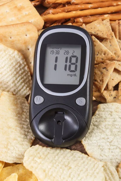 Glucose meter and unhealthy food, concept of diabetes