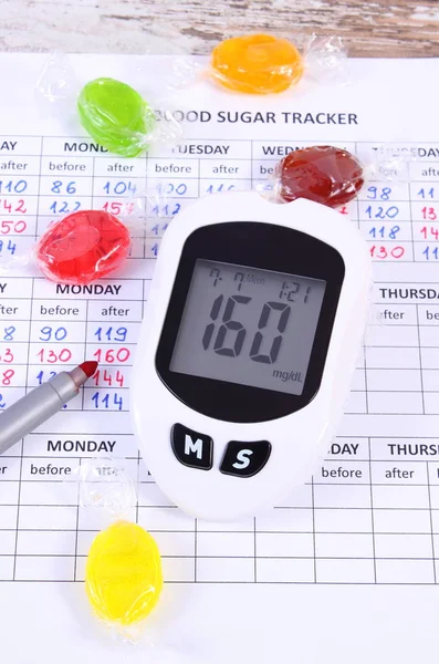 Glucometer, pen and candies on medical form, concept of checking sugar level — Stock Photo, Image