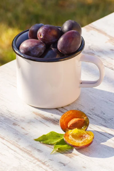 Pruimen in metalen mok op houten tafel in de tuin op zonnige dag — Stockfoto