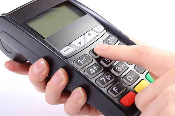 Using payment terminal, enter personal identification number — Stock Photo, Image