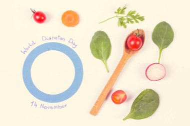 Vintage Fotoğraf, Dünya Diyabet Günü ve beyaz arka plan üzerinde taze sebze sembolü