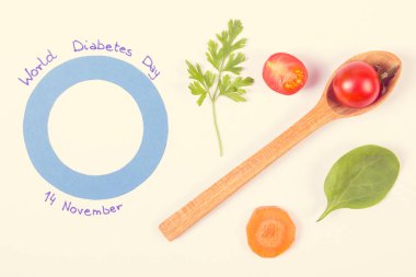 Vintage Fotoğraf, mavi daire sembolü olarak Dünya Diyabet Günü ve sebze, sağlıklı beslenme hastalık sırasında