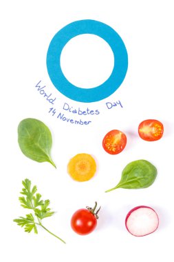 Diyabet ve taze sebze, sağlıklı beslenme kavramı mücadele sembolü olarak mavi daire