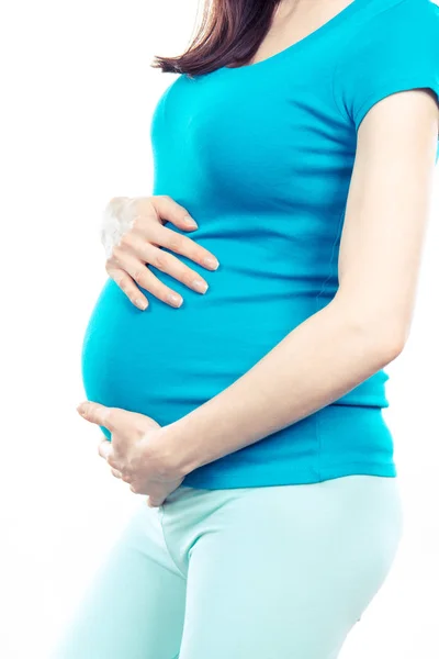 Kvinna i gravid med magont, värk i graviditet och risk för missfall — Stockfoto