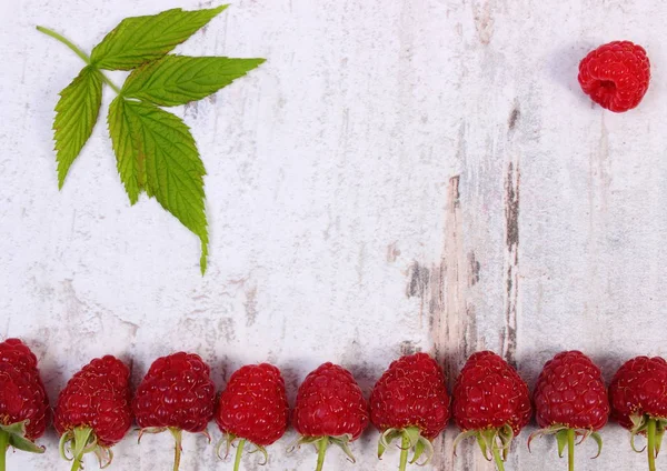 Framboises fraîches mûres avec feuille, espace de copie pour le texte sur vieux carton rustique — Photo