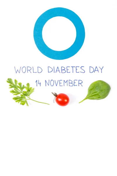Inscrição dia mundial de diabetes e símbolo de combate a doenças com legumes frescos, conceito de nutrição saudável — Fotografia de Stock