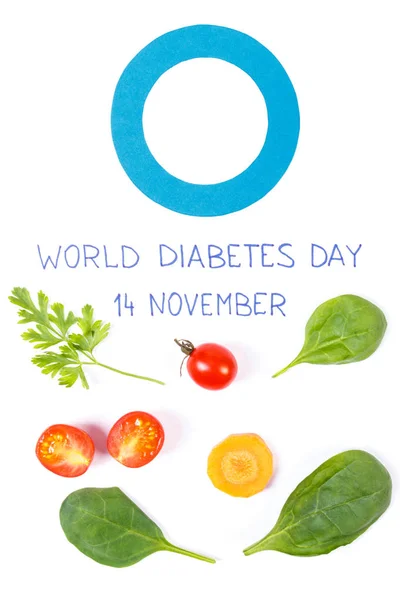 Inscrição Dia Mundial da Diabetes, símbolo de combate a doenças e vegetais, conceito de nutrição saudável — Fotografia de Stock