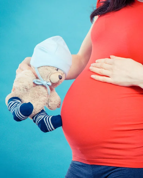 Винтажное фото, беременная женщина держит плюшевого мишку у живота, ожидая концепцию ребенка — стоковое фото