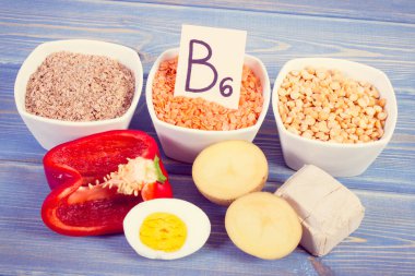 Vintage Fotoğraf, ürün ve malzemeler içeren vitamin B6 ve diyet lifi, sağlıklı beslenme
