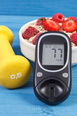 Şeker Ölçüm sonucu şeker seviyesi, yulaf ezmesi meyve ve halter, diyabet ve sağlıklı bir yaşam tarzı ile